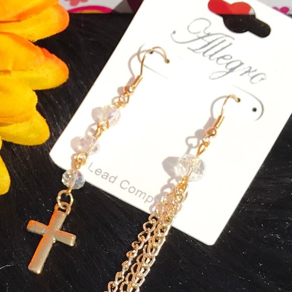 Boho Earrings Cross Bead Goldtone Drop Dangles NWT - Picture 2 of 5